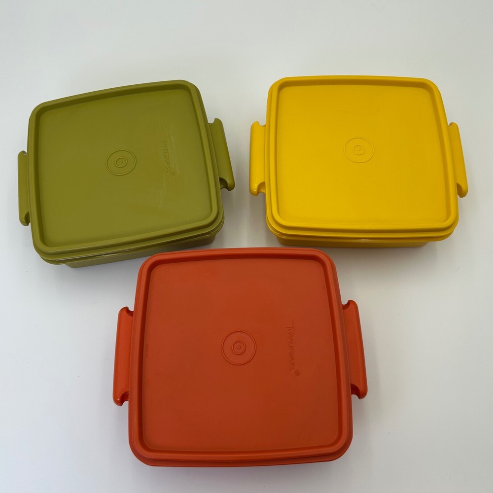 VTG Tupperware Square Away Sandwich Keepers Set of 3 Harvest Orange Green Yellow